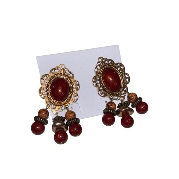 Vtg Couture Style Round Red & Gold Dangling Earrings, Statement Retro Oversized - Picture 1 of 3